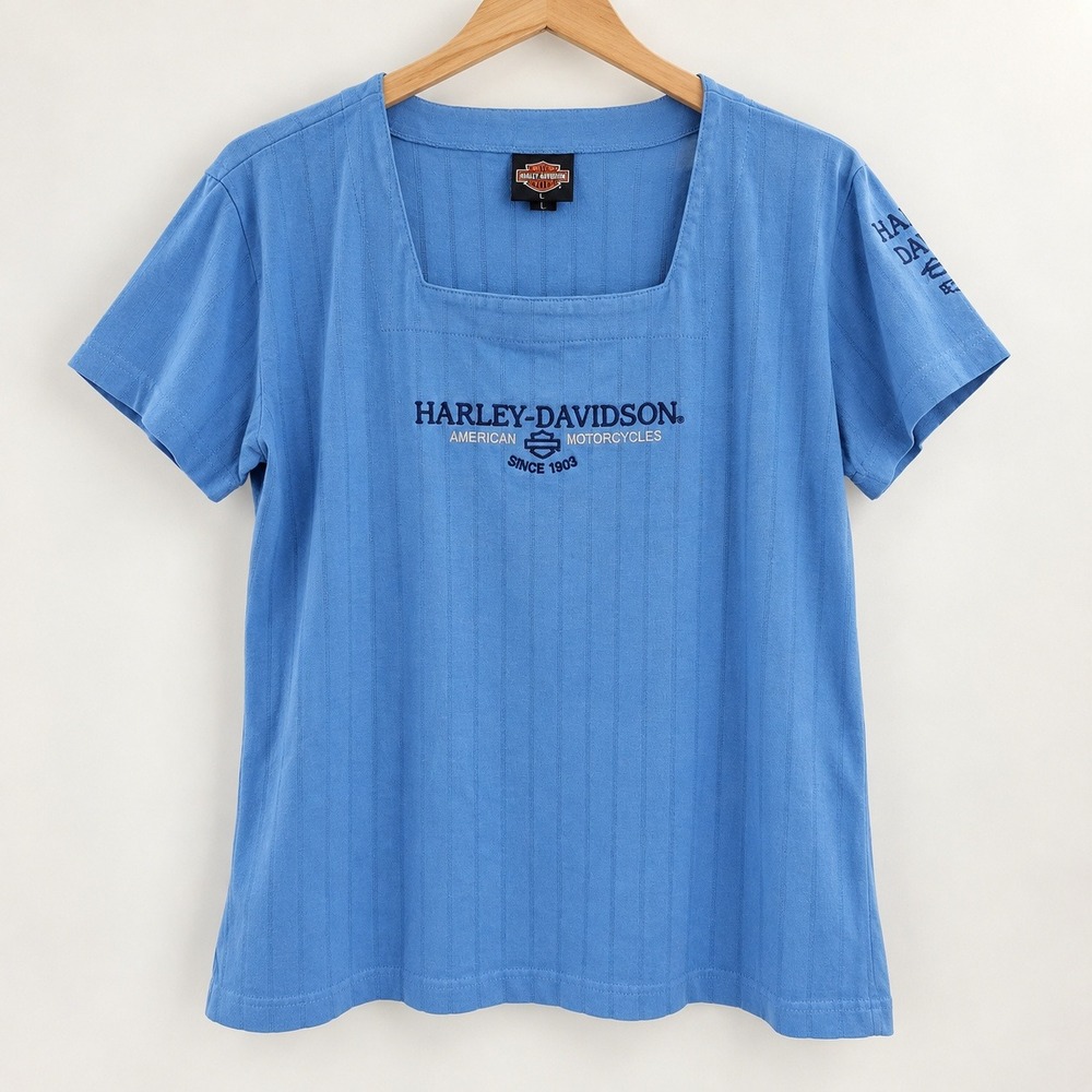 Harley-Davidson Biker Core Square Neck Tee Women Large Blue Ribbed Moto Top